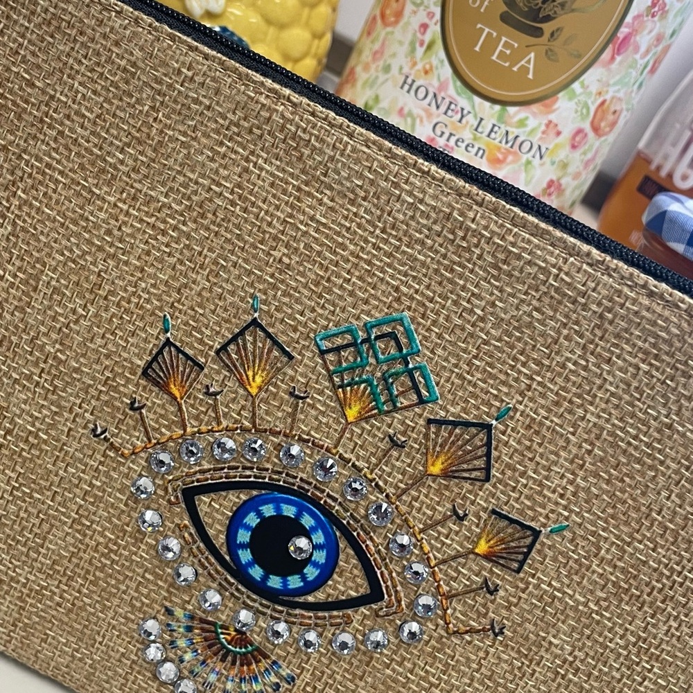 Embroidered Eye Design Tan Cosmetic Bag
